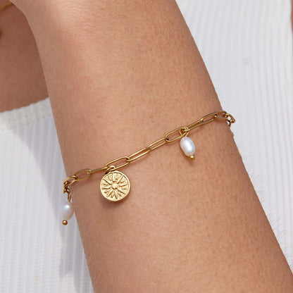 Sun Charm and Freshwater Pearl Paperclip Bracelet