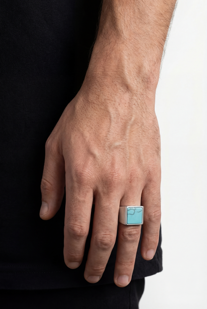 Men’s Blue Howlite Square Signet Ring, Stainless Steel — Calanque