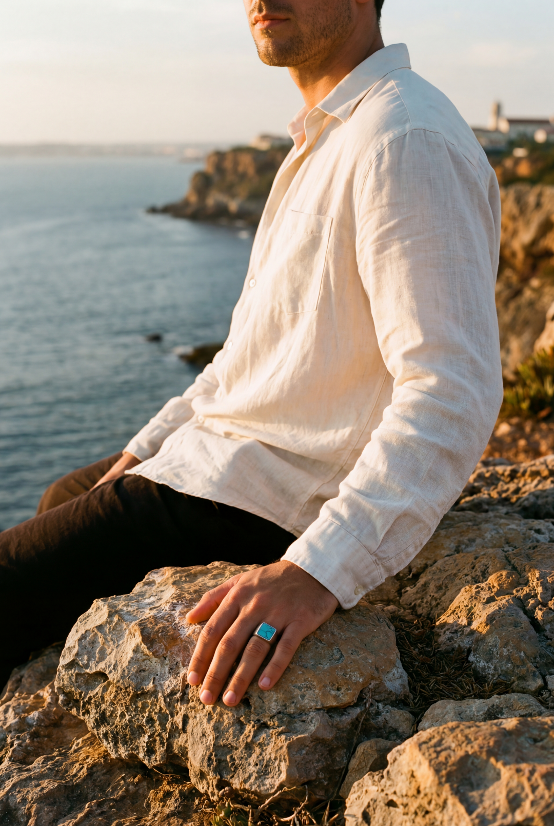 Men’s Blue Howlite Square Signet Ring, Stainless Steel — Calanque