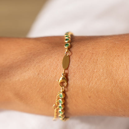 Green Bezel-Set Tennis Bracelet, Adjustable Steel Chain
