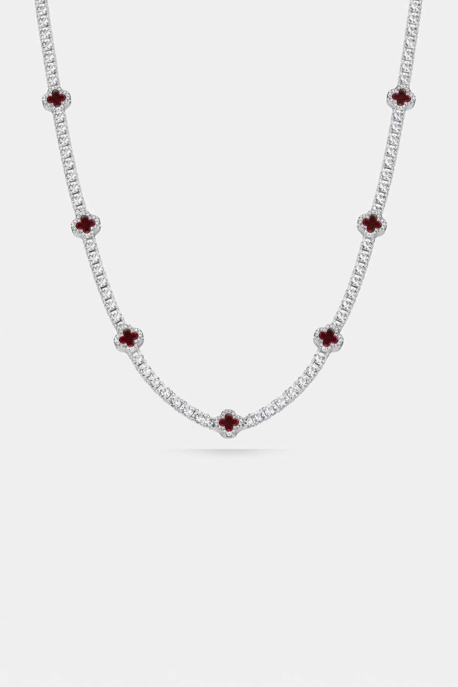 Burgundy Red Clover Tennis Necklace, Silver-Plated