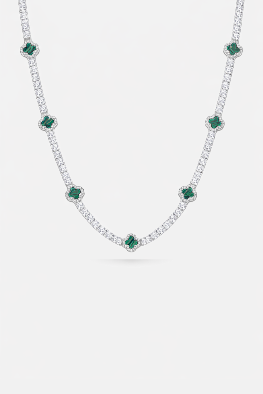 Green Clover Tennis Necklace, Silver-Plated