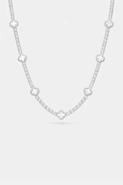 Pearlescent White Clover Tennis Necklace, Silver-Plated