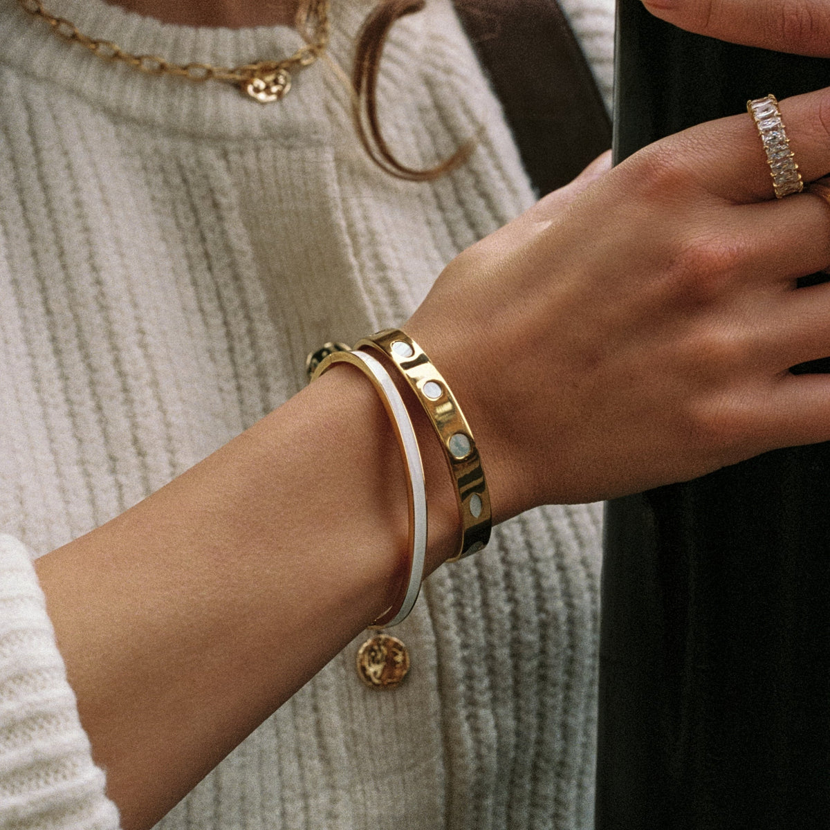 Mother of Pearl Dot Cuff Bracelet, Steel