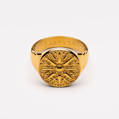Engraved Sun Disc Signet Ring, Steel