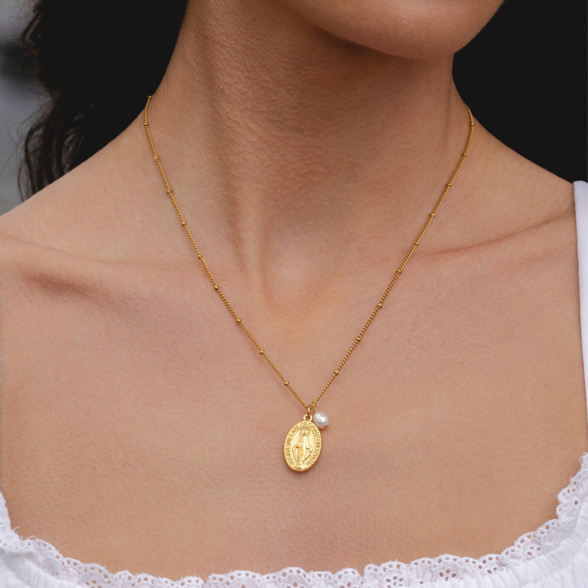 Oval Devotional Medal and Pearl Necklace — Faith