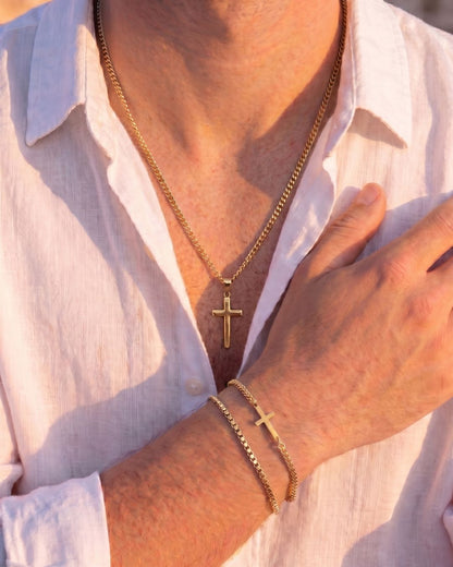 Men’s Cuban Link Cross Bracelet, 18K Gold-Plated
