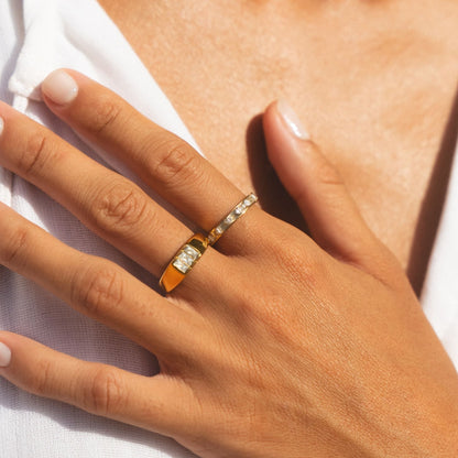 White Zircon Baguette Eternity Ring, 18K Gold PVD Steel