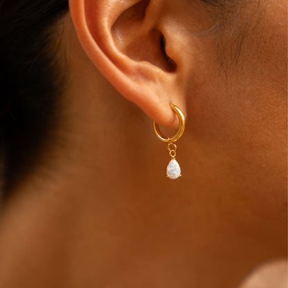 Opal Teardrop Huggie Hoop Earrings, Steel