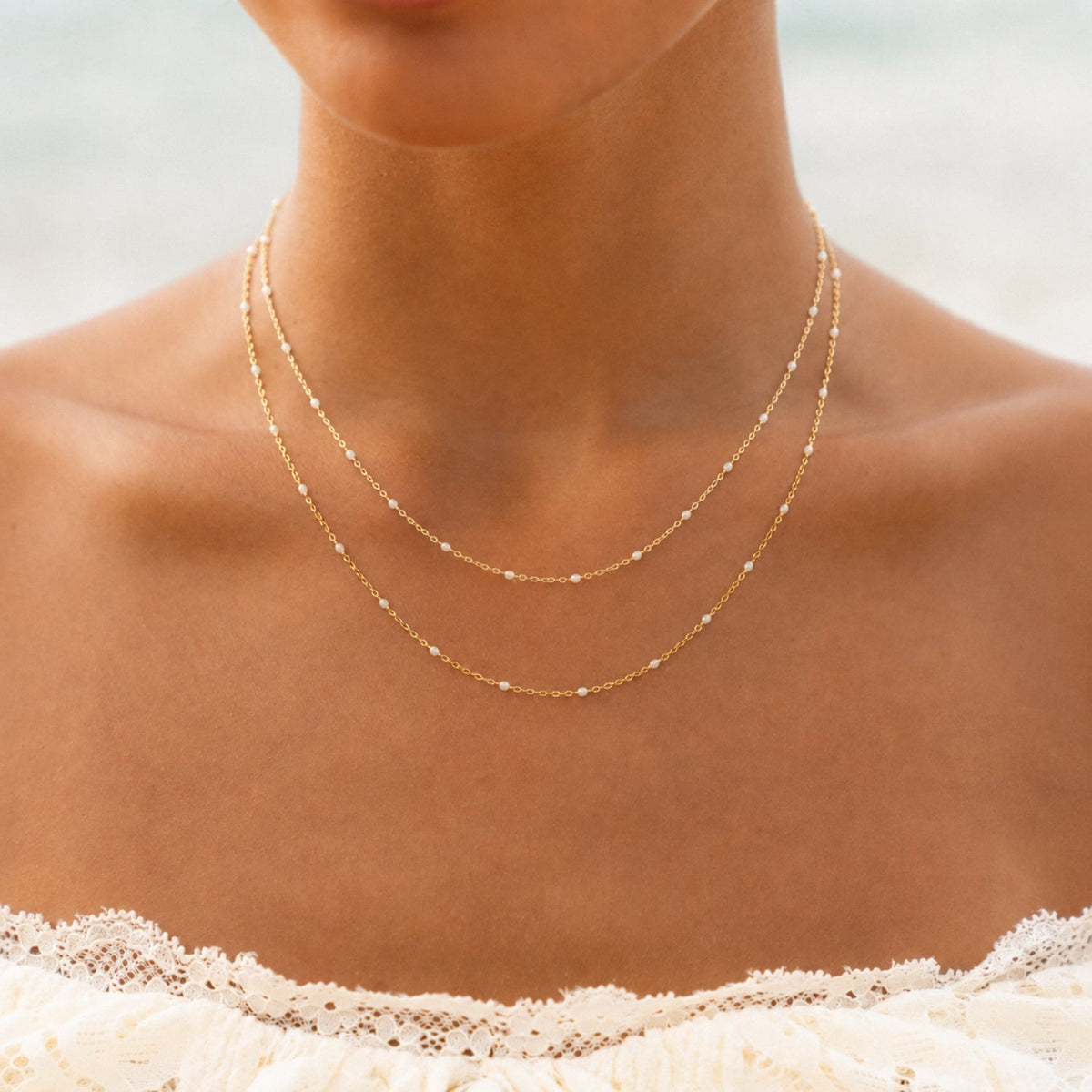 White Enamel Double Layer Choker, 40 cm