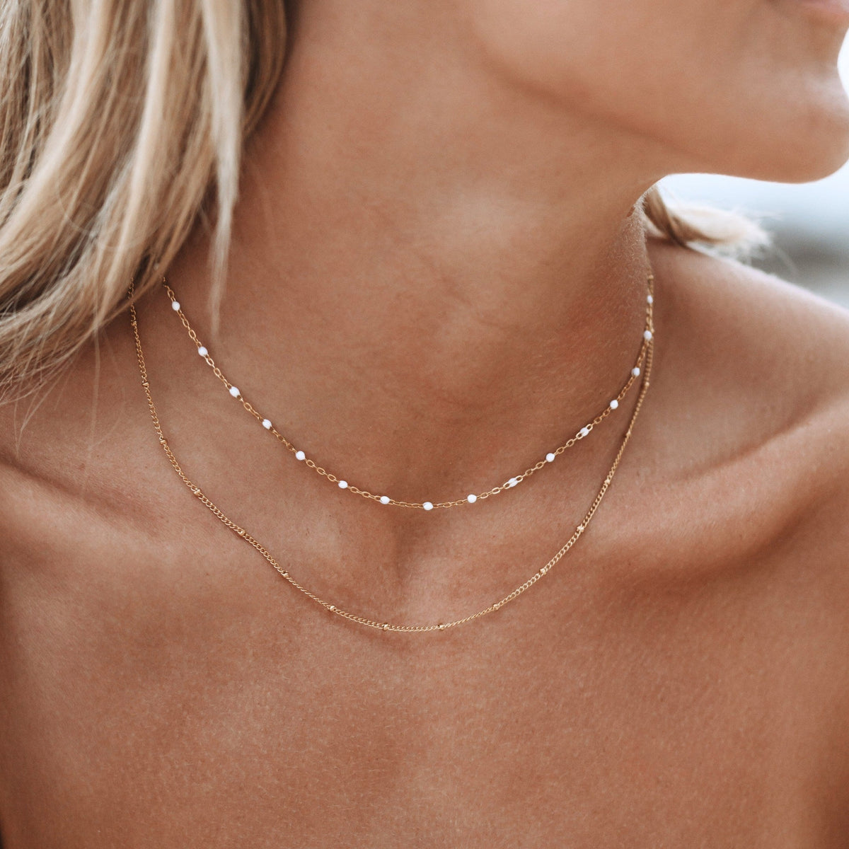 White Enamel Double Layer Choker, 40 cm