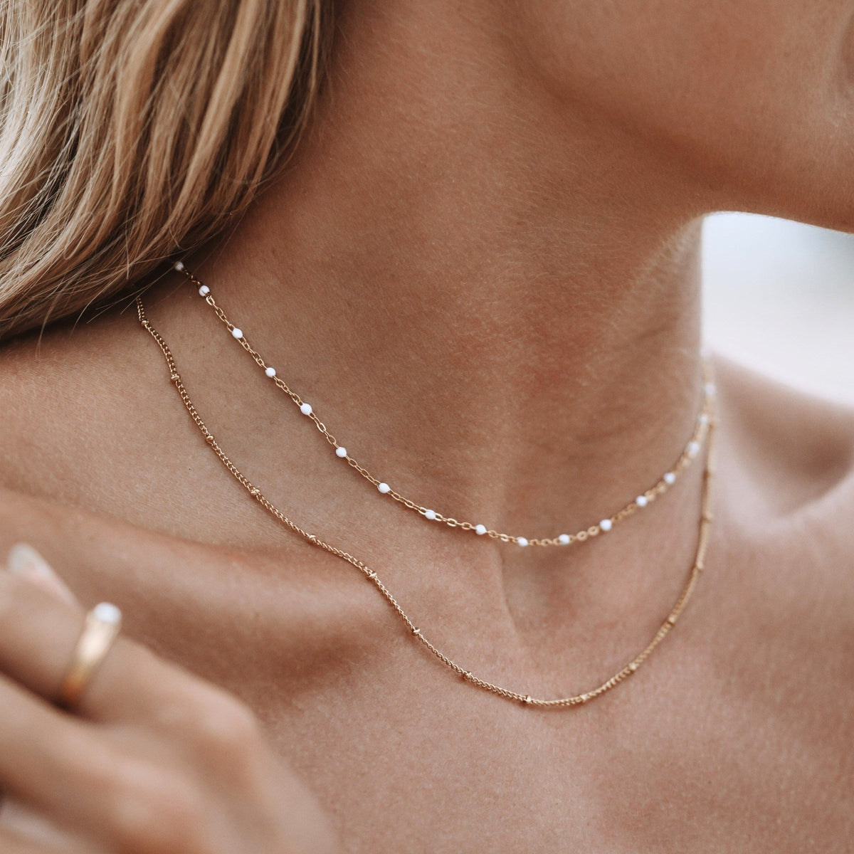 White Enamel Double Layer Choker, 40 cm