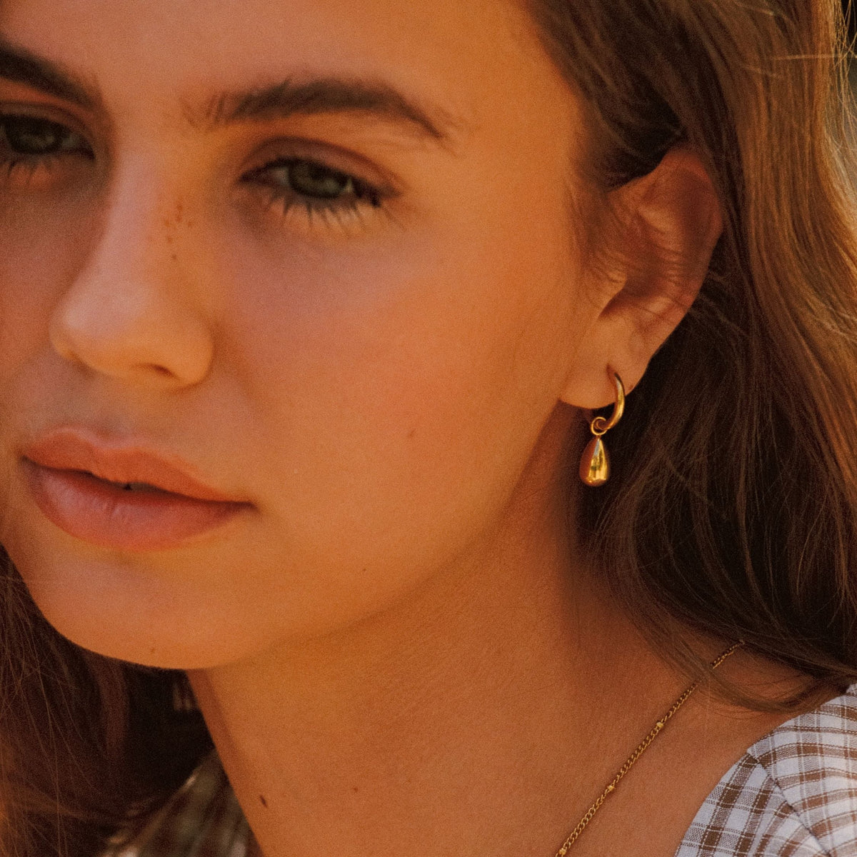 Teardrop Charm Huggie Hoop Earrings, Steel