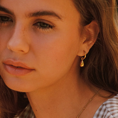 Teardrop Charm Huggie Hoop Earrings, Steel