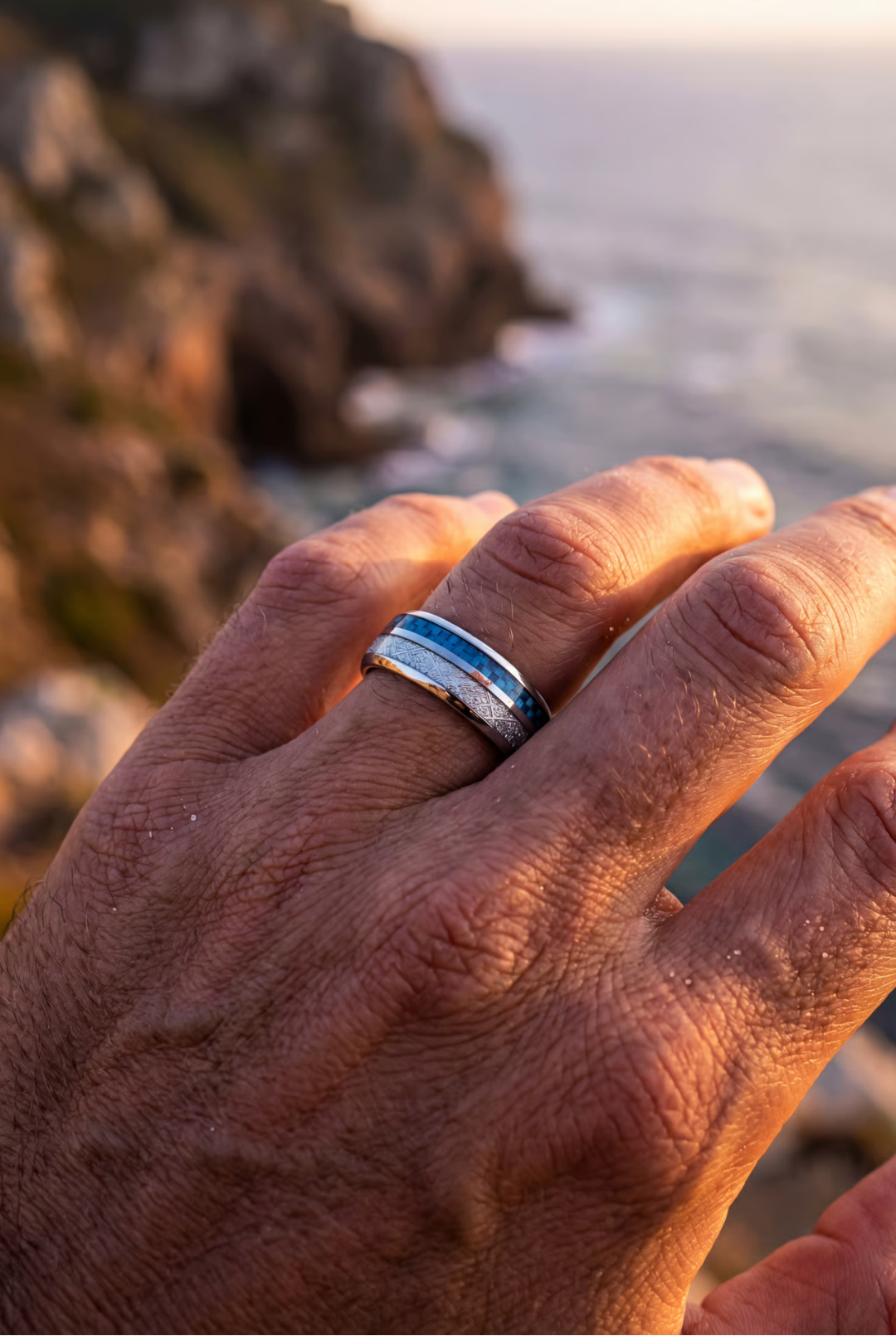 Men’s Blue Carbon Inlay Tungsten Carbide Band Ring, 8 mm