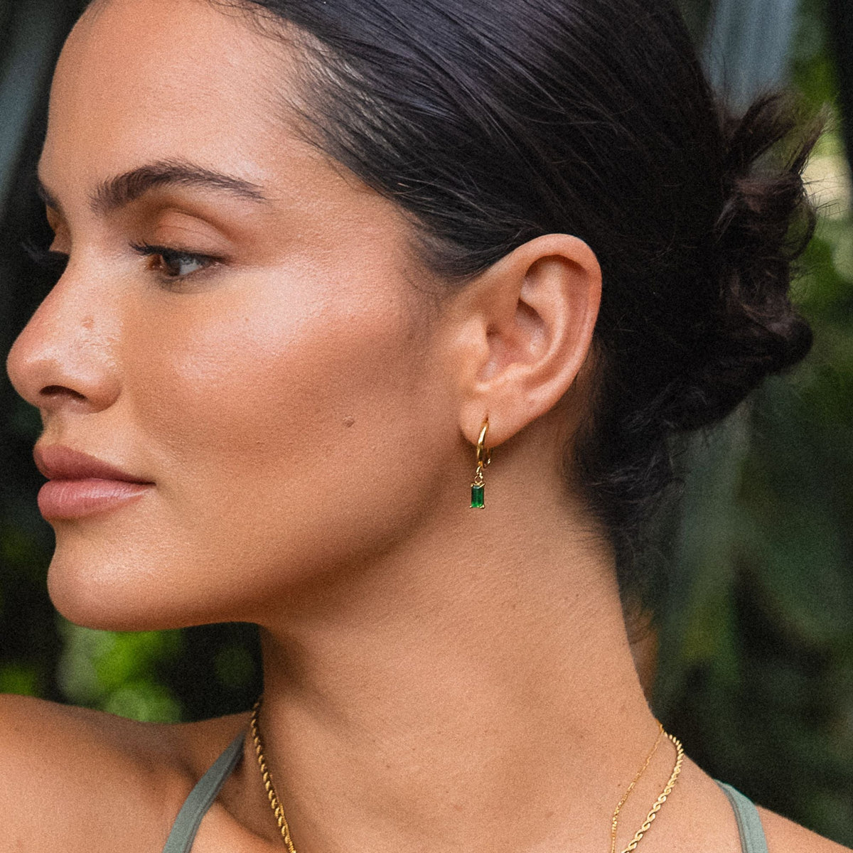 Green Zircon Drop Hoop Earrings, 3 × 6 mm
