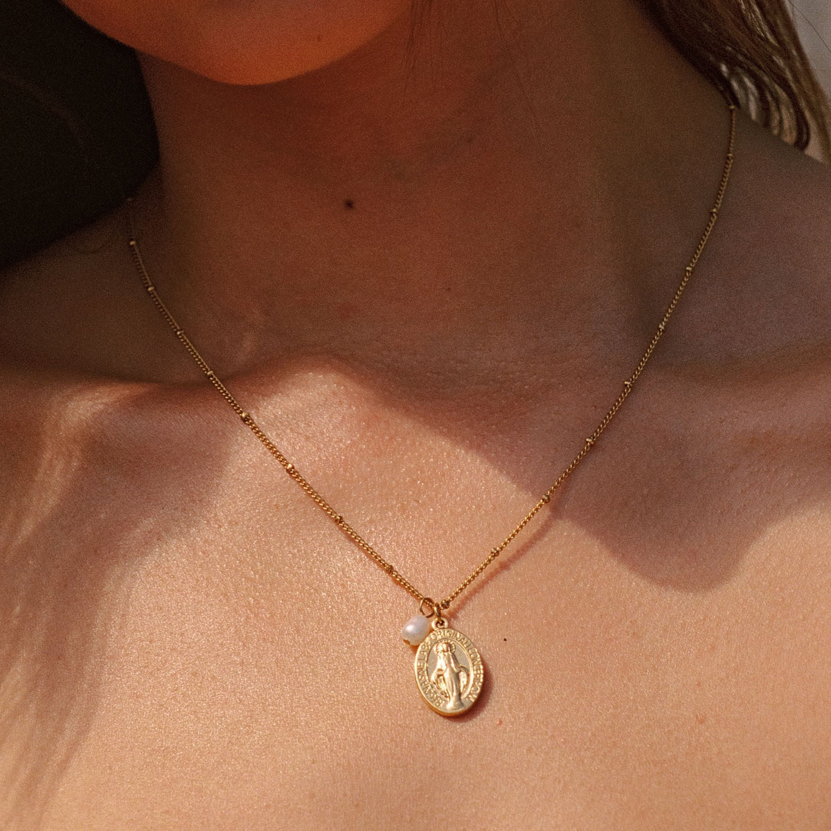 Oval Devotional Medal and Pearl Necklace — Faith