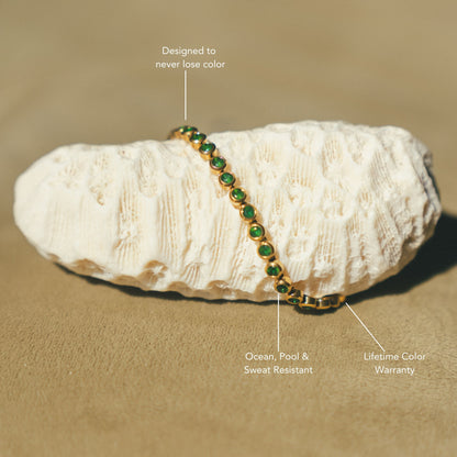 Green Bezel-Set Tennis Bracelet, Adjustable Steel Chain