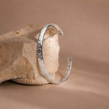 Floral Engraved Open Cuff Bracelet, Steel — Flora