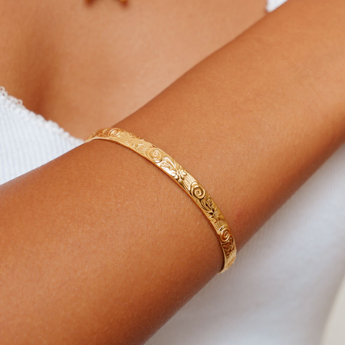 Floral Engraved Open Cuff Bracelet, Steel — Flora