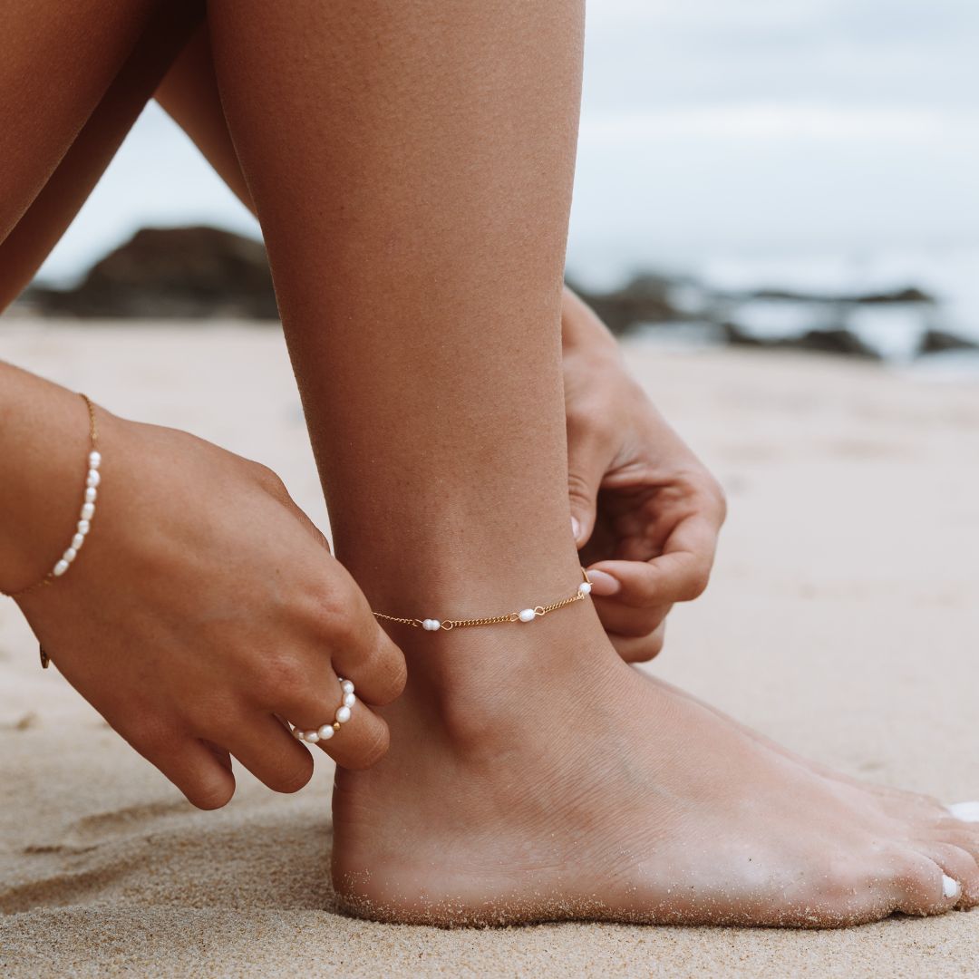 Freshwater Pearl Station Anklet, 3 mm Pearls