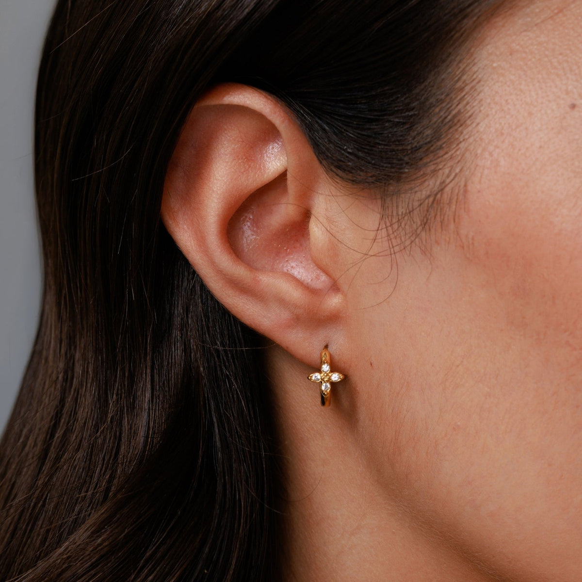Daisy Zircon Huggie Hoop Earrings, Steel