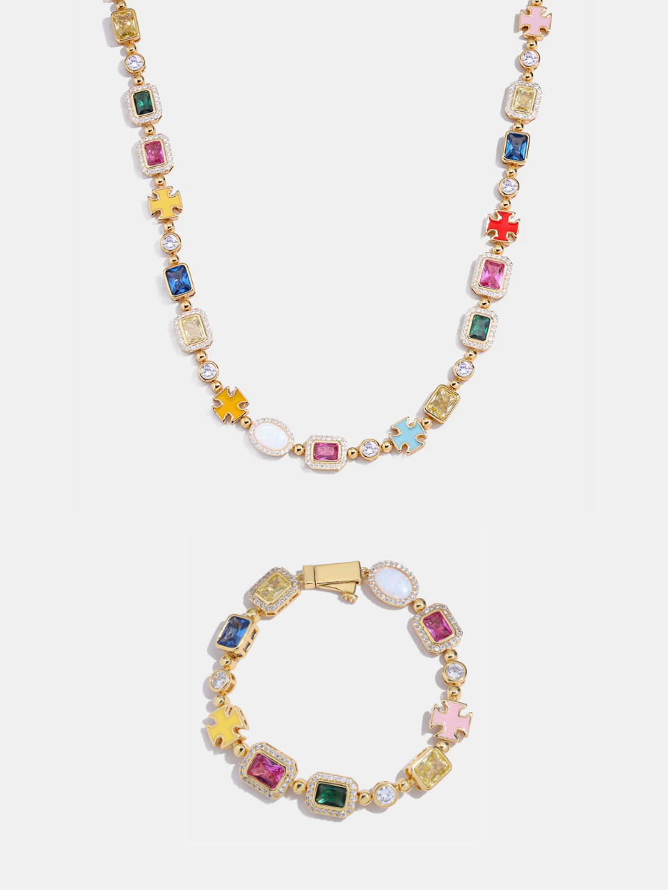 Multicolor Geometric Necklace and Bracelet Set, 18K Gold-Plated Steel