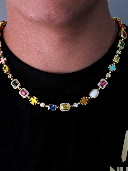 Men’s Multicolor Geometric Necklace, 18K Gold-Plated Steel