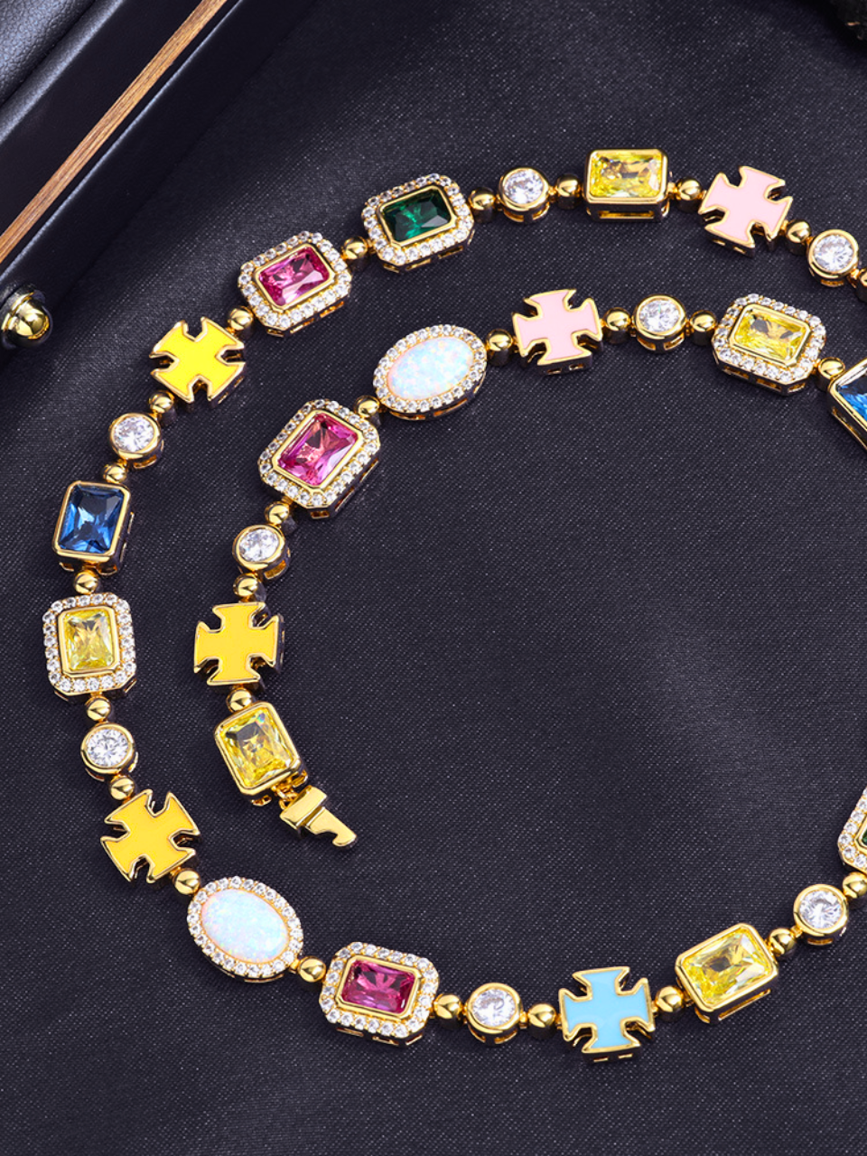Multicolor Geometric Necklace and Bracelet Set, 18K Gold-Plated Steel