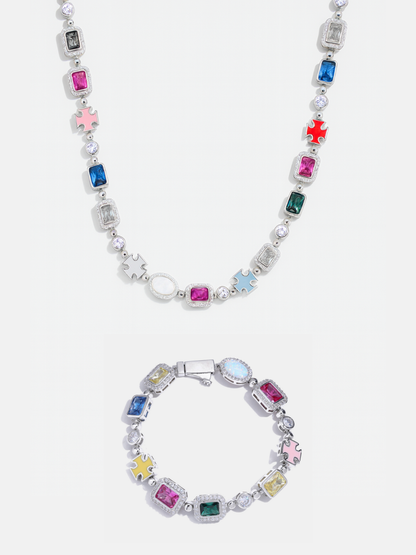 Multicolor Geometric Necklace and Bracelet Set, White-Gold-Plated Steel