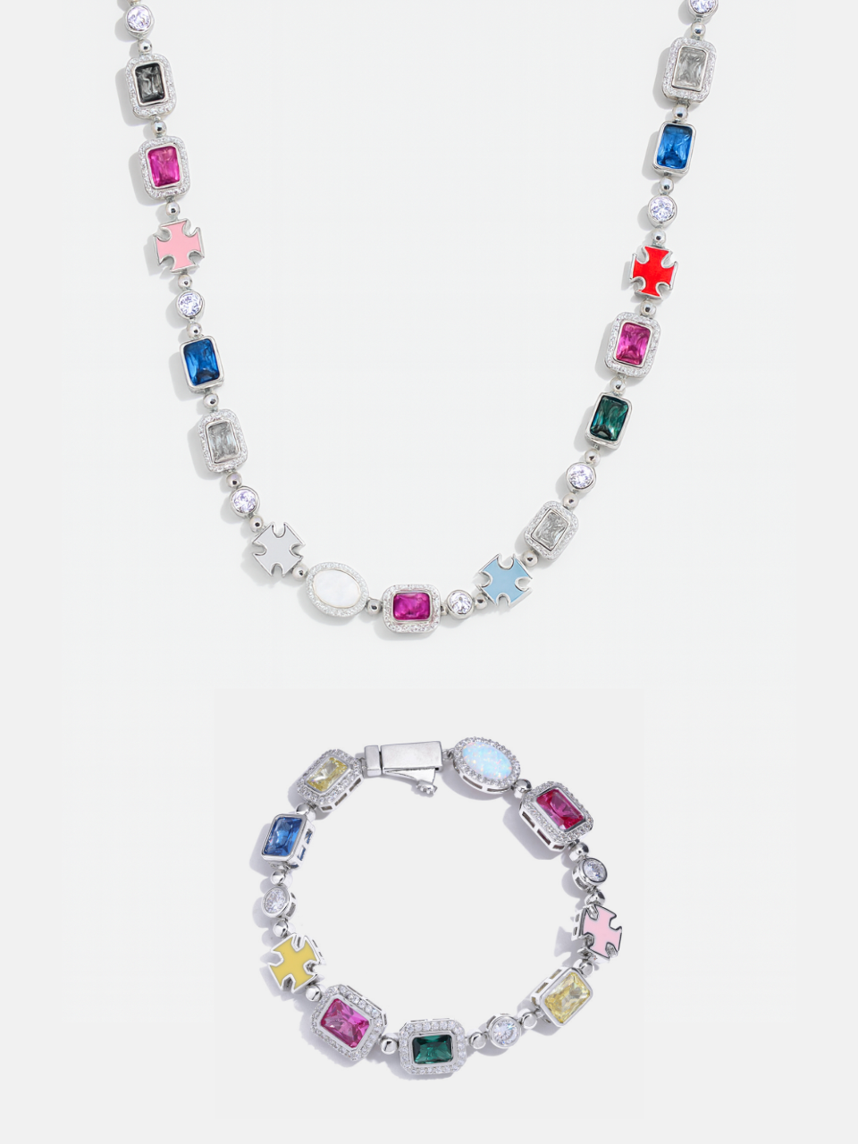 Multicolor Geometric Necklace and Bracelet Set, White-Gold-Plated Steel