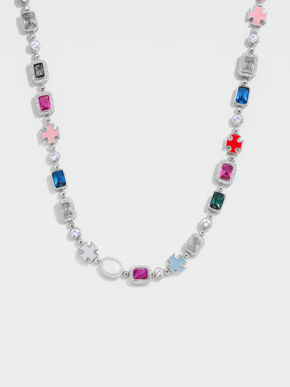 Multicolor Geometric Necklace and Bracelet Set, White-Gold-Plated Steel