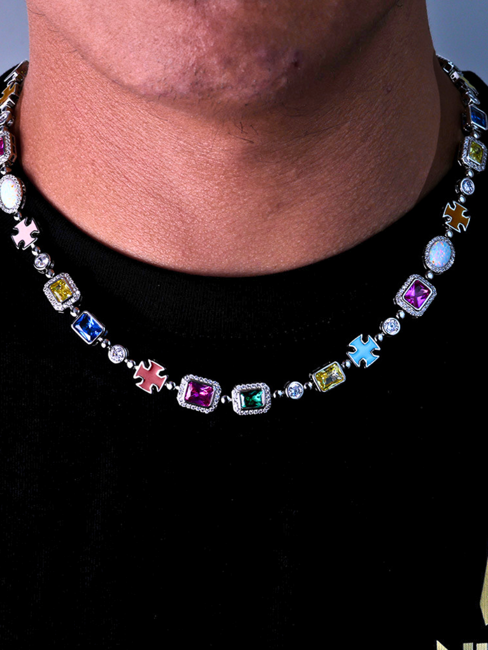 Men’s Multicolor Geometric Necklace, White-Gold-Plated Steel