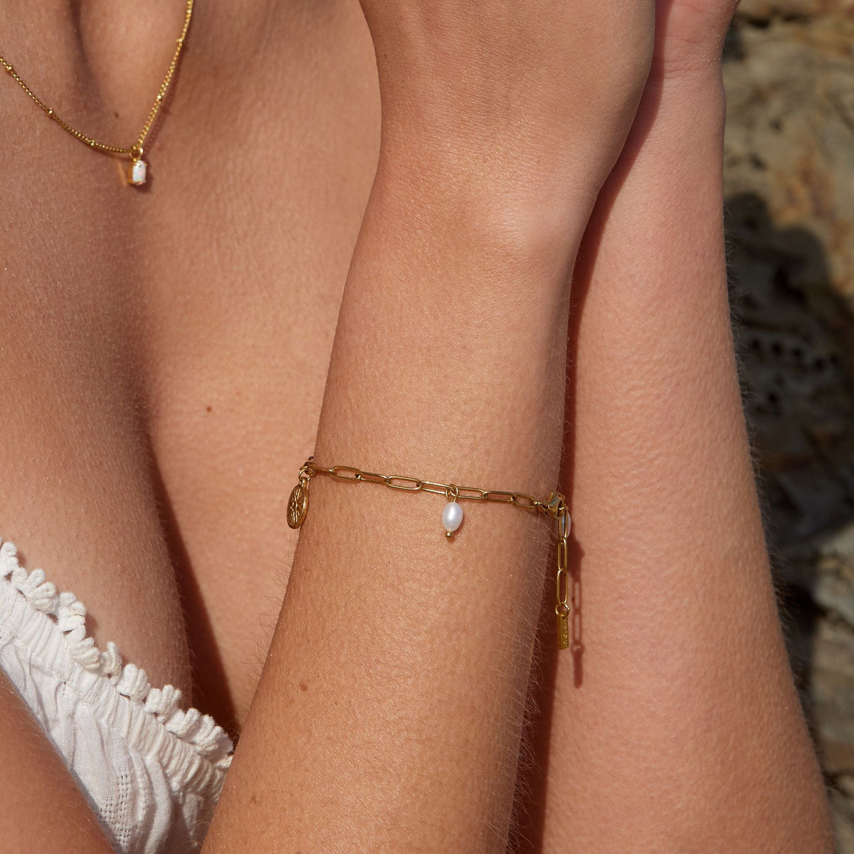 Sun Charm and Freshwater Pearl Paperclip Bracelet