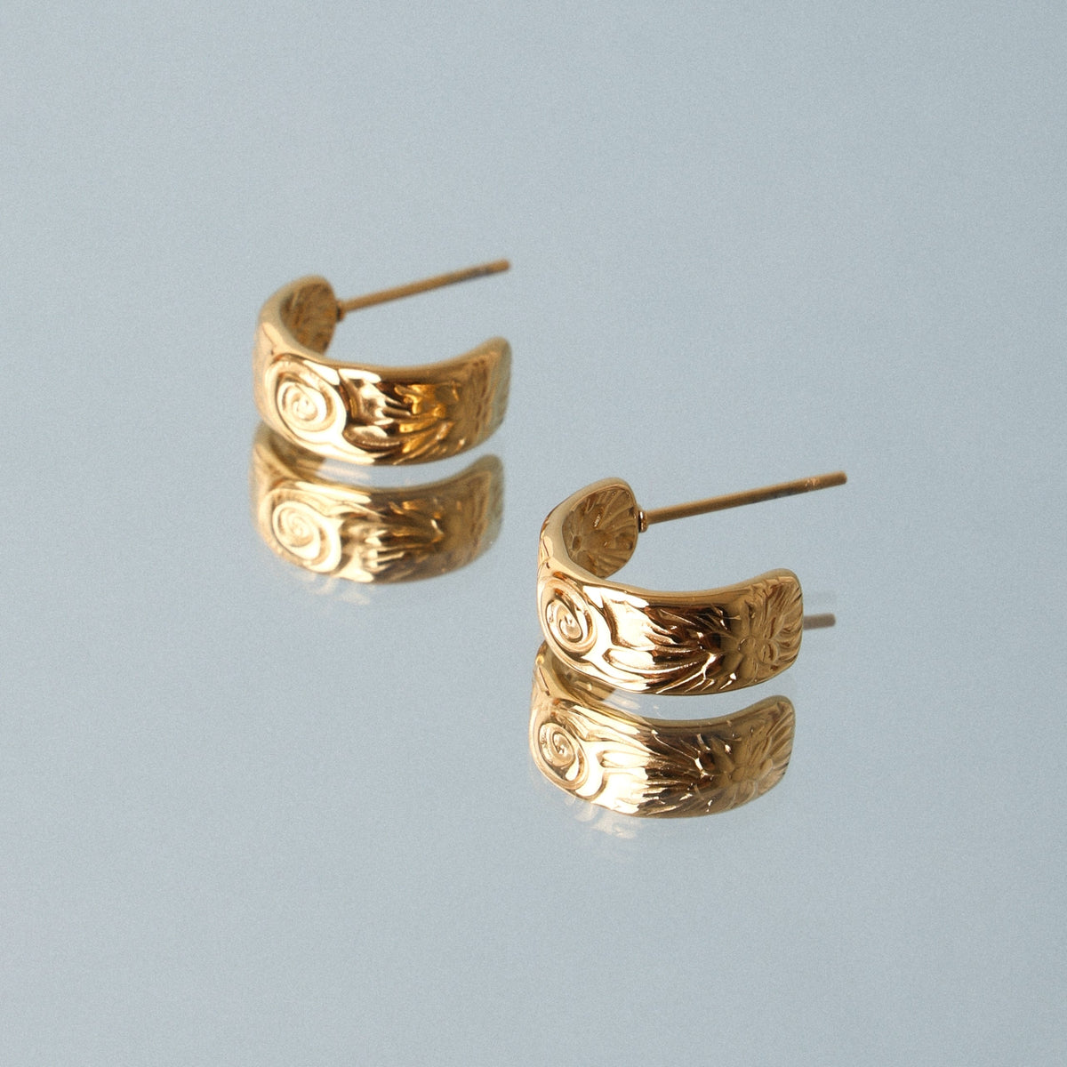 Engraved Floral Half-Hoop Stud Earrings — Bloom