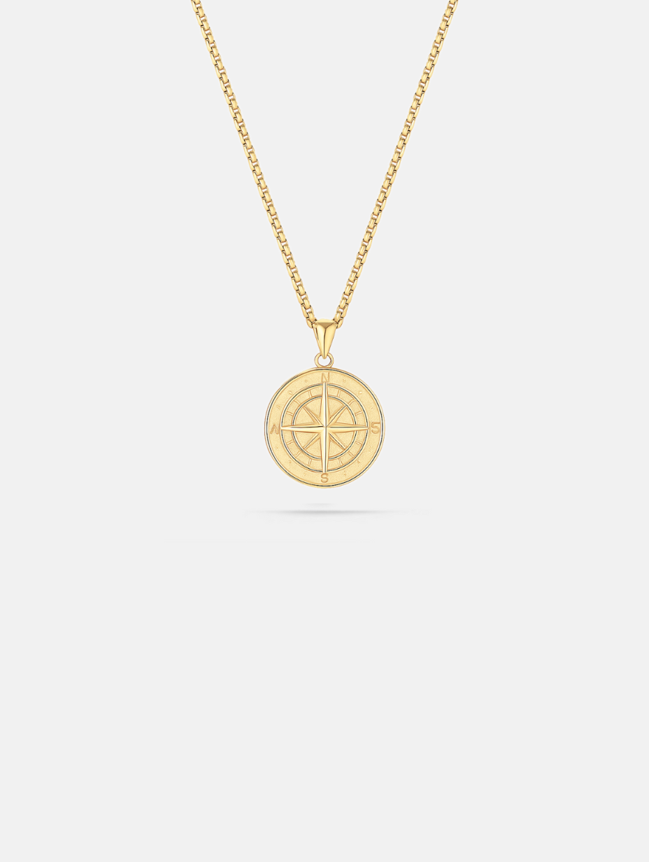 Men’s Compass Pendant Necklace, 14K Gold-Plated Steel