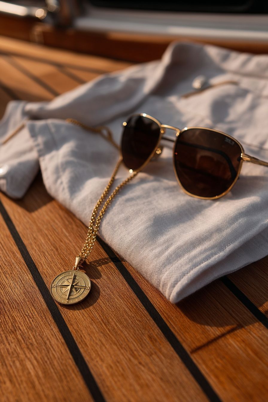 Men’s Compass Pendant Necklace, 14K Gold-Plated Steel