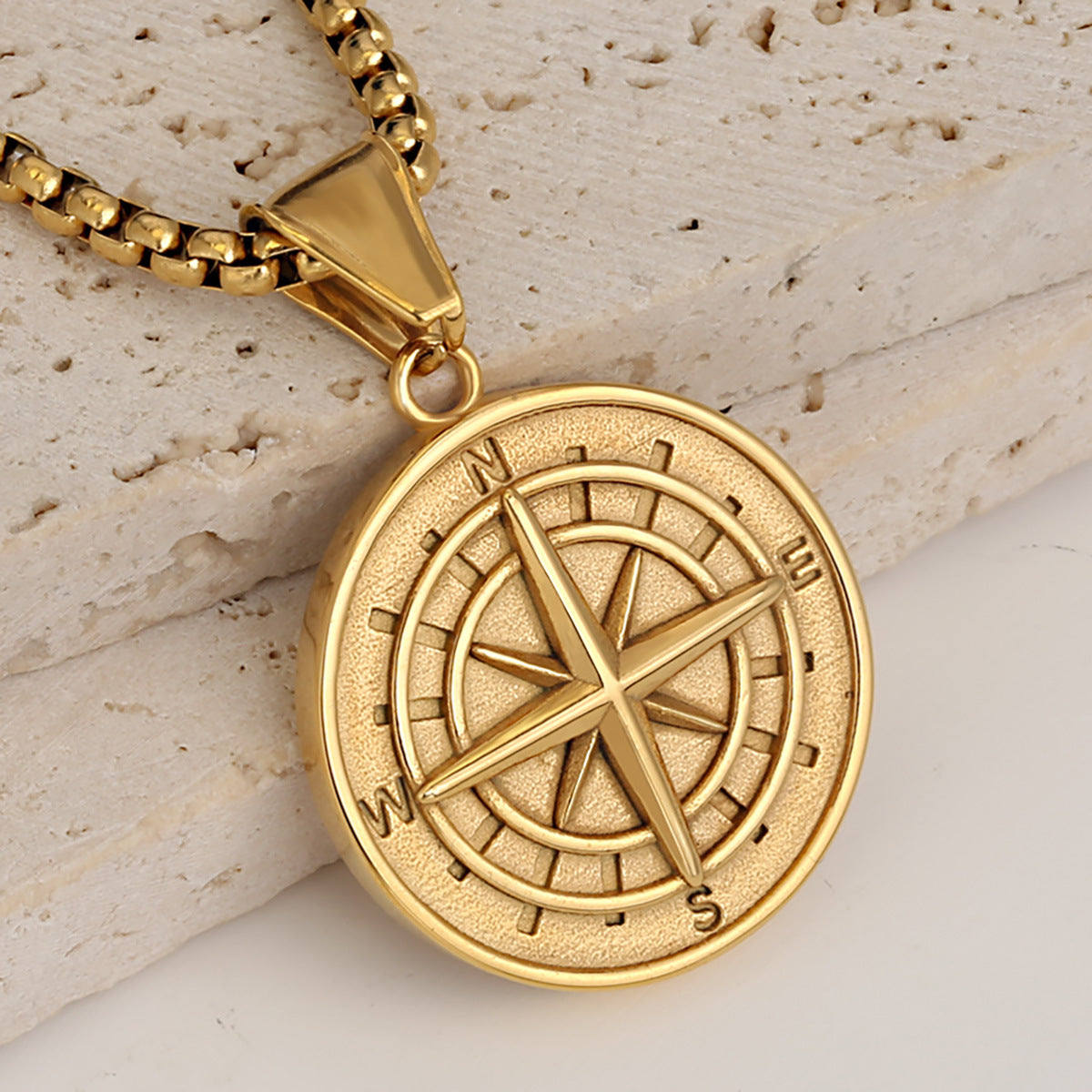 Men’s Compass Pendant Necklace, 14K Gold-Plated Steel
