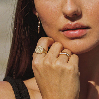 Engraved Sun Disc Signet Ring, Steel