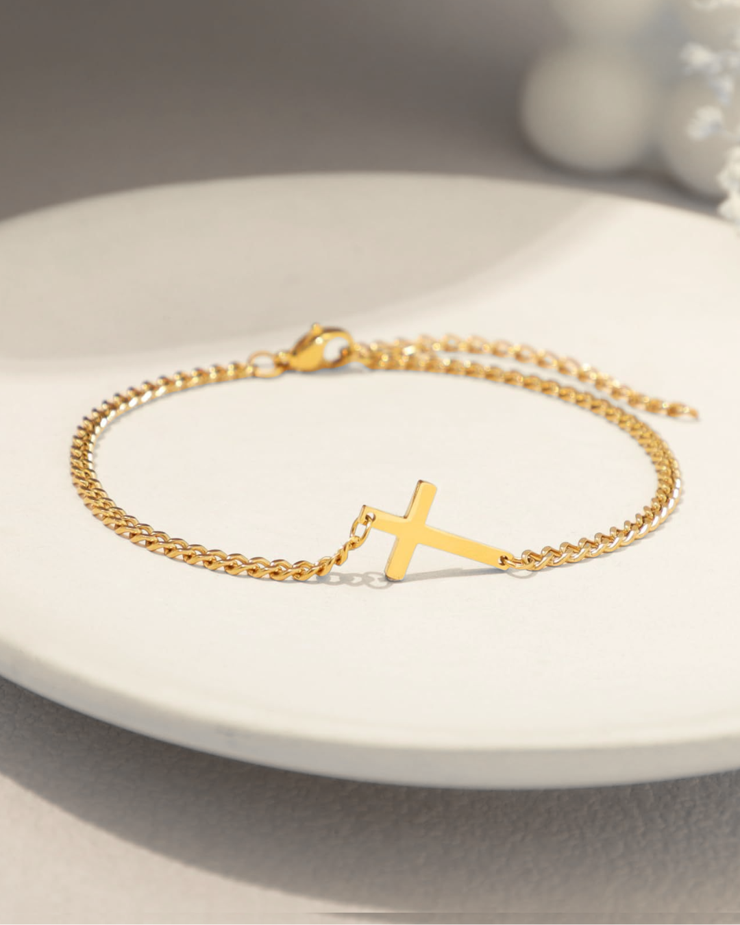 Men’s Cuban Chain Cross Bracelet, 3 mm, 14K Gold-Plated Steel