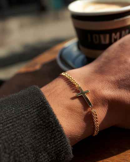 Men’s Cuban Chain Cross Bracelet, 3 mm, 14K Gold-Plated Steel