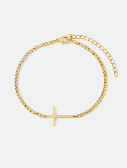 Men’s Cuban Chain Cross Bracelet, 3 mm, 14K Gold-Plated Steel
