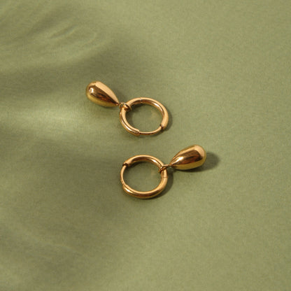 Teardrop Charm Huggie Hoop Earrings, Steel