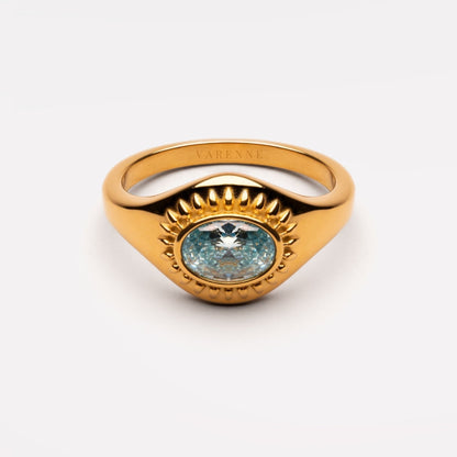 Blue Zircon Sunburst Ring, Steel — Aegean