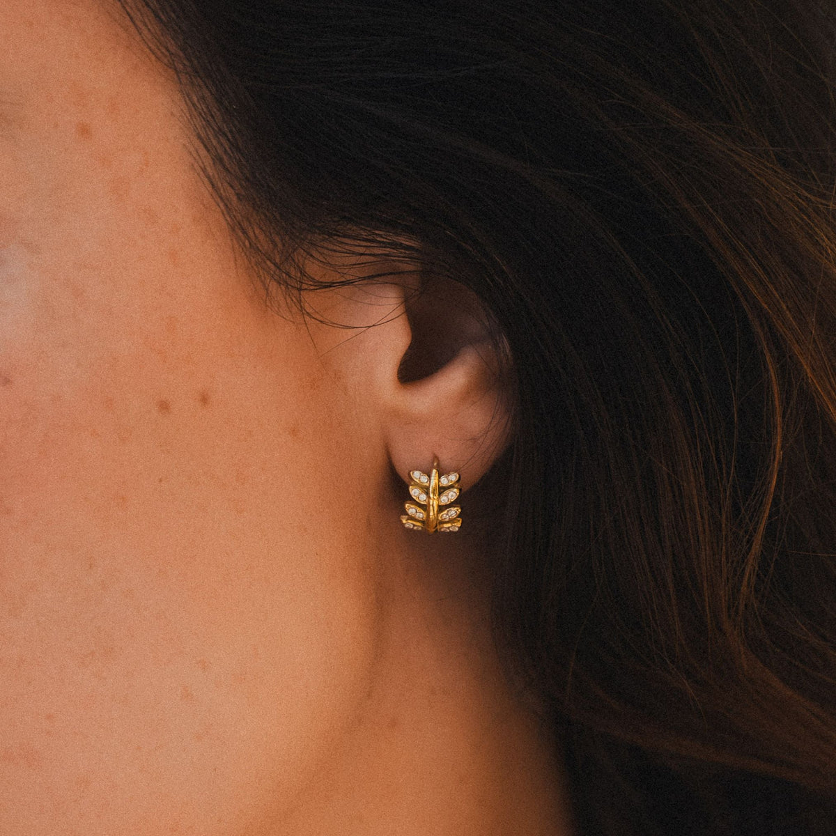 Laurel Leaf Zircon Huggie Hoop Earrings