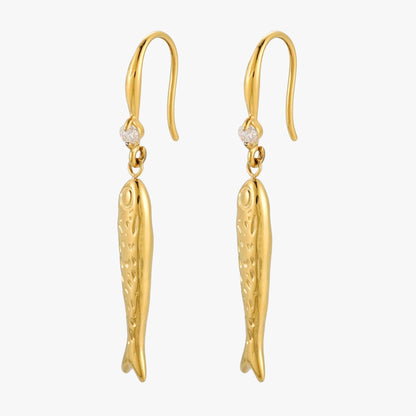 Fish Drop Hook Earrings, 29 mm, Gold PVD Steel