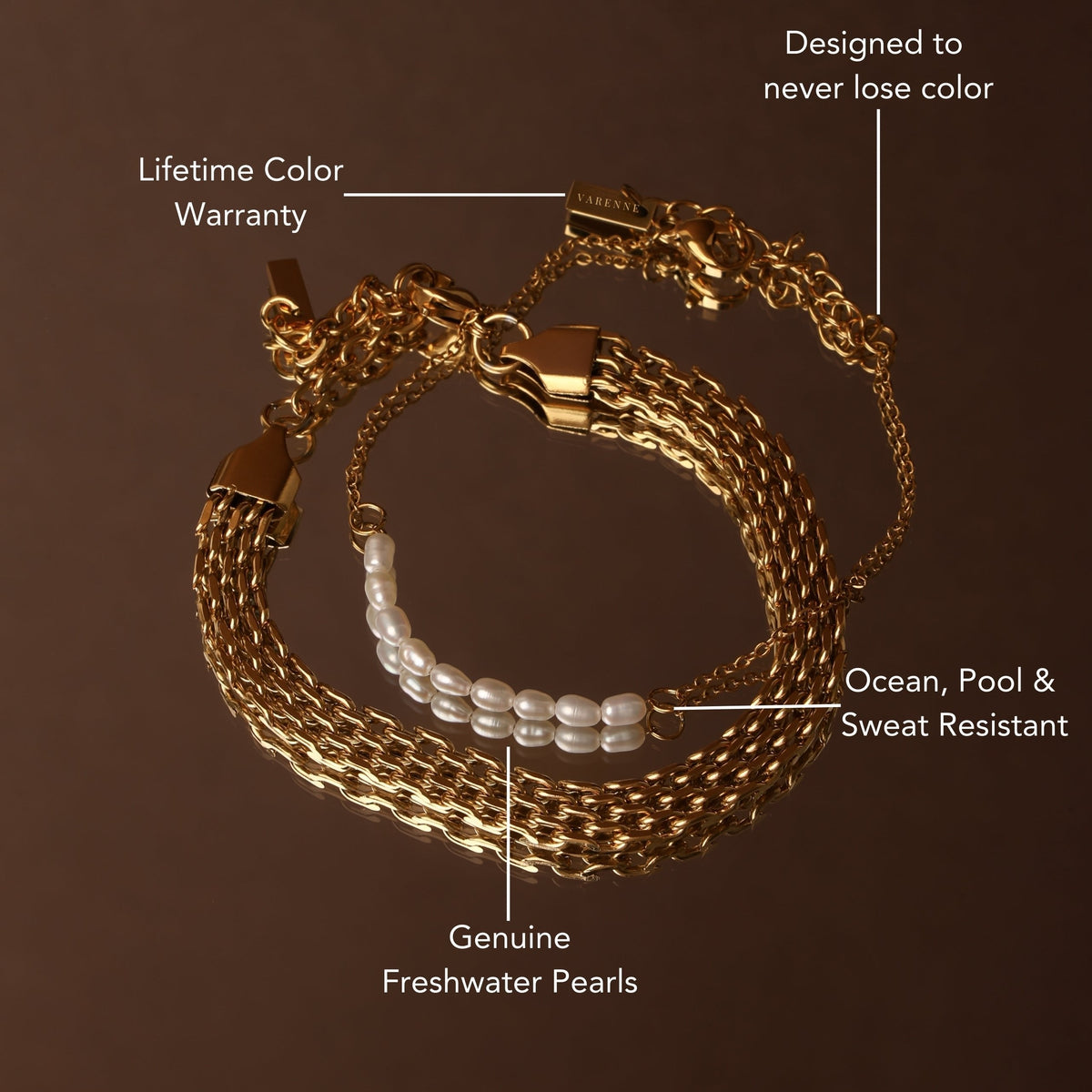 Mini Pearl Chain Bracelet, 15–18 cm, Gold PVD Steel