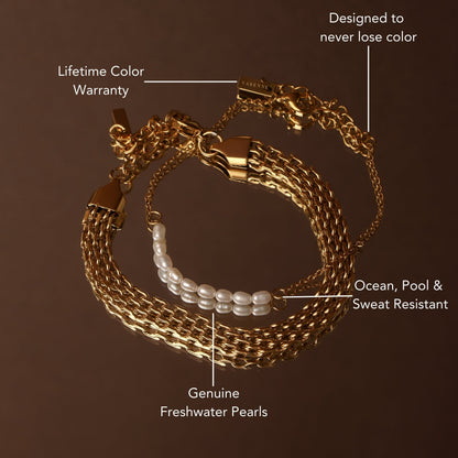 Mini Pearl Chain Bracelet, 15–18 cm, Gold PVD Steel
