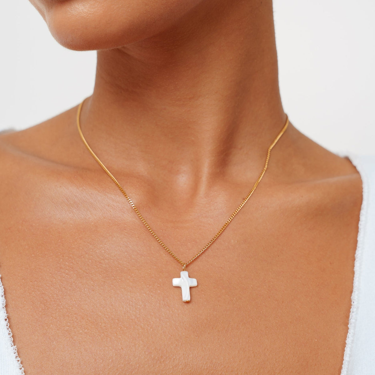 Mother-of-Pearl Cross Necklace, Stainless Steel