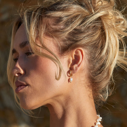 Hammered Pearl Hoop Earrings, 12 mm